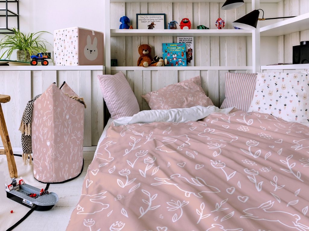 Pink children's bed linnen RABBITS made of cotton satin
