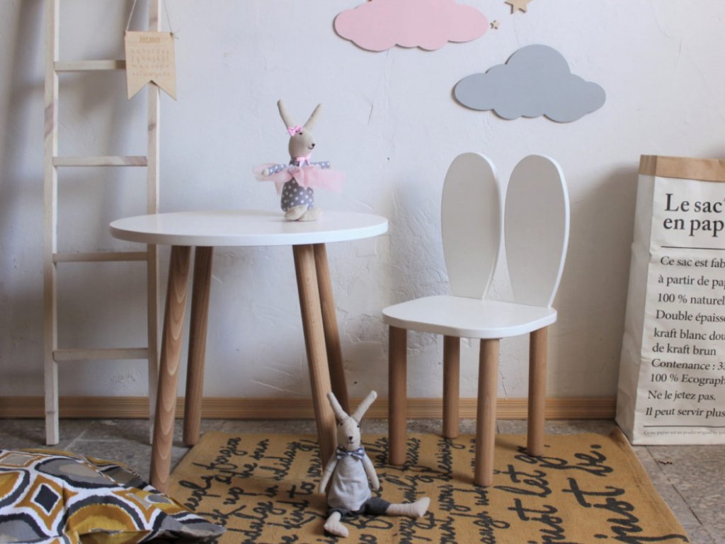 Set: Round children's table and wooden chair with ears RABBIT