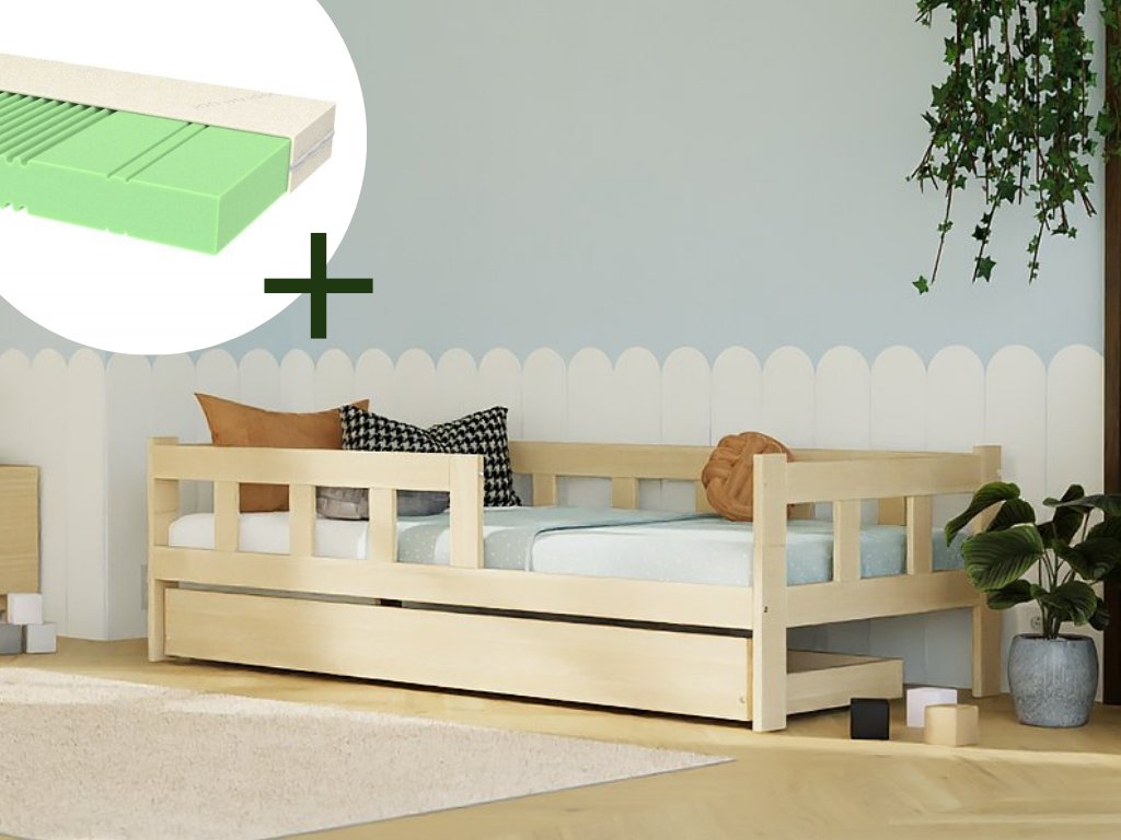Single bed FENCE 120x200 cm with sidewall and storage space + ADAPTIC mattress