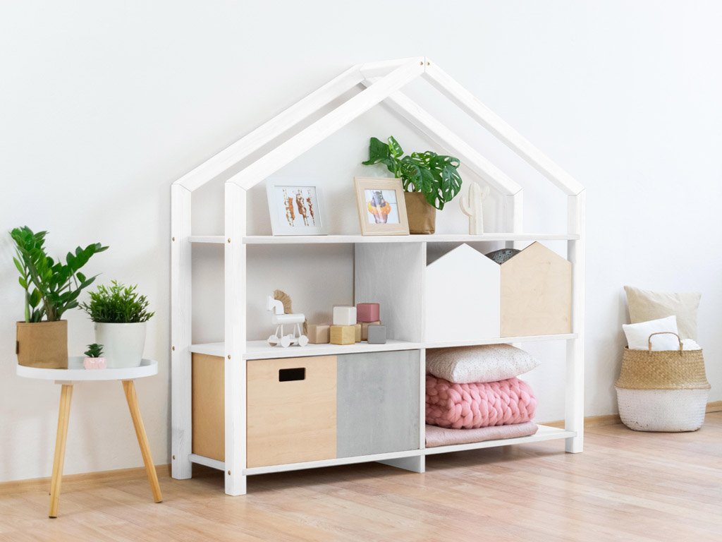 Wooden House Shelf Sy Benlemi, Large White Wooden Montessori Bookcase Dollhouse Toy Storage Unit