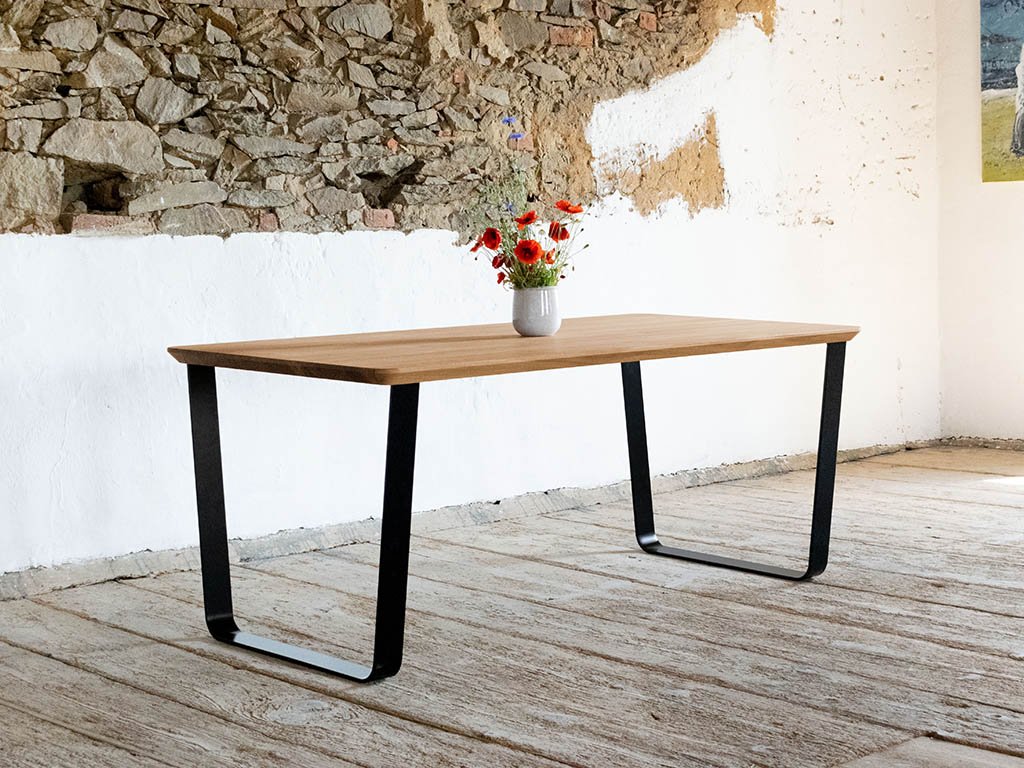 Dining table MIKE made from oak solid wood equipped with an oblique metal pedestal