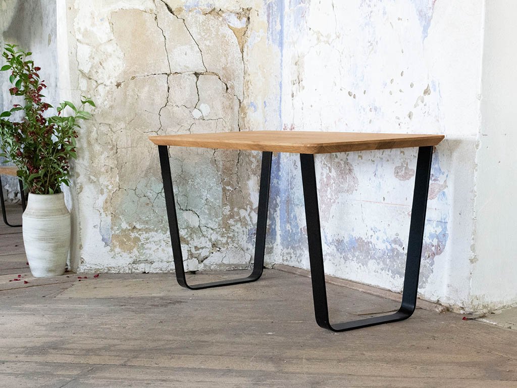 Solid wood working table ALBERT with an oblique metal pedestal