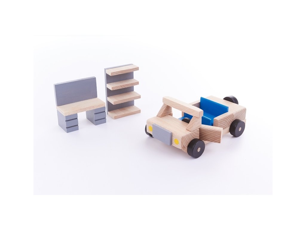 Wooden kit BUKO garage equipment with a car