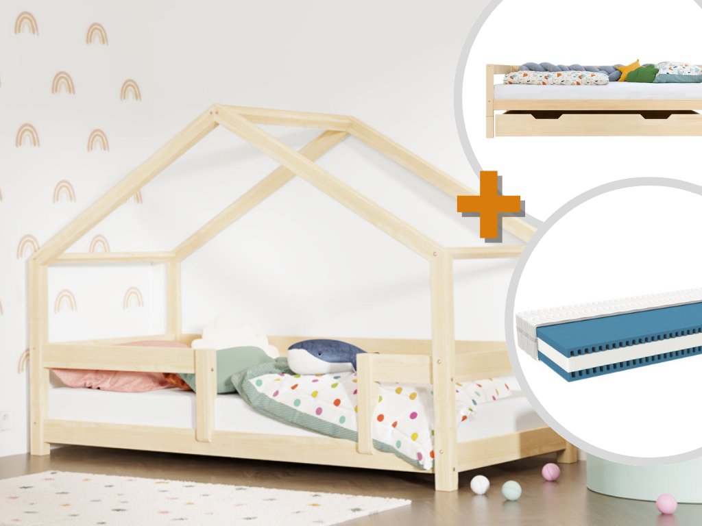Set: Natural house bed LUCKY 120 x 200 cm BUDDY drawer and children's foam mattress