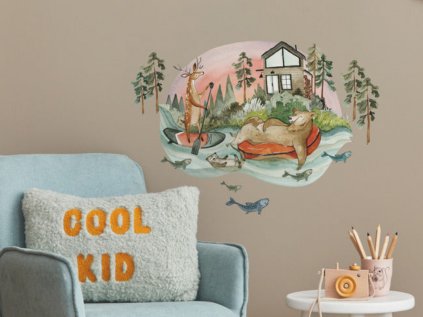 Cute sticker ANIMALS ON THE RIVER on the wall of the children's room introduction