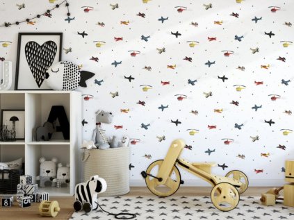 Colorful wallpaper AIRCRAFT on the wall of the children's room