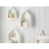 Set of 3 white decorative shelves in the shape of a house in a children's room